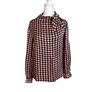 Topshop Women's Shirt Size 2 Pink Checkered Viscose Long Sleeve Mock Neck Blouse